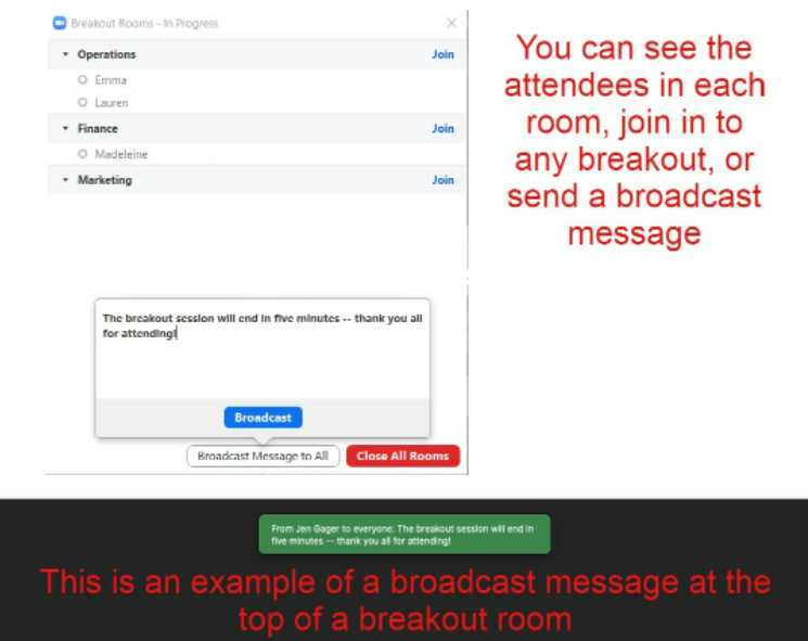 Screenshot of Zoom window to broadcast a message to breakout rooms